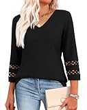 Aokosor Womens Tops 3/4 Length Sleeve Blouses Ladies V Neck T Shirts for Women UK Loose Casual Fit Size 14-16 Black
