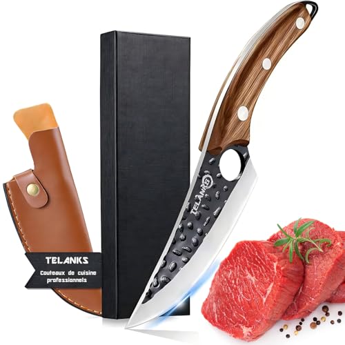 TELANKS Couteau cuisine style japonais en acier inoxydable, lame 15 cm, pour couper, désosser et hacher, avec étui