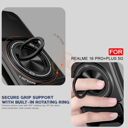 Image of Realme 16 Pro Plus 5G Back Cover | Armor Camera Slider 360 Degree Rotating Finger Ring Holder Case with Bracket Stand Back Case Cover (Compatible with MagSafe Accessories) (Black)