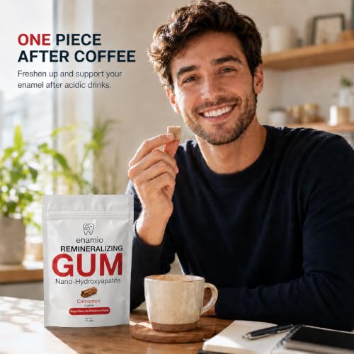 Image of Enamio Cinnamon Remineralizing Gum with Nano Hydroxyapatite for Enamel Support & Sensitive Teeth - Xylitol Gum, Plastic Free, Sugar Free, Natural Oral Care - No Aspartame- Made in USA - 4 Pack