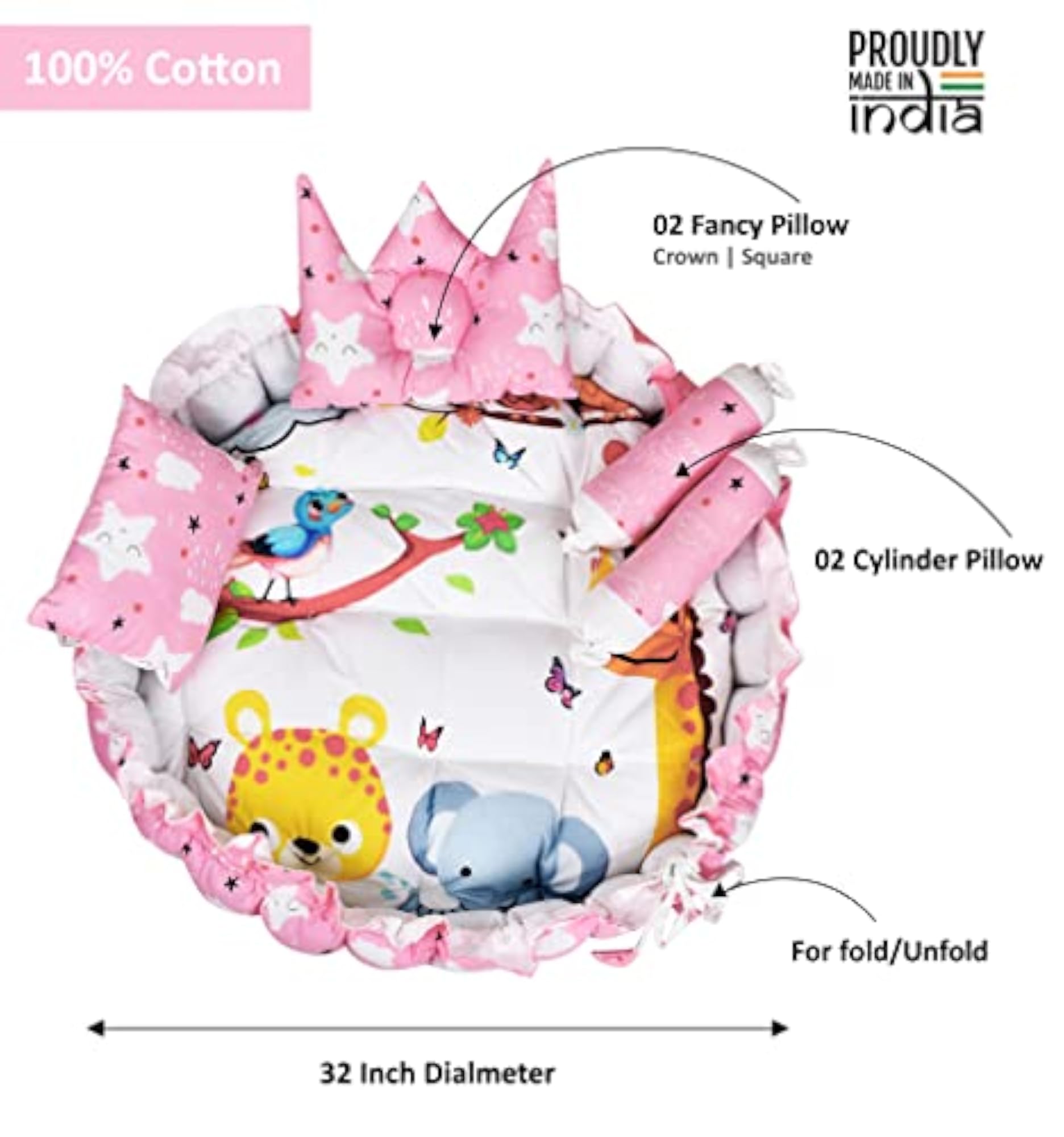 Multicolor 4 Pillows & Round Shape Baby Bed for 0-1 Year