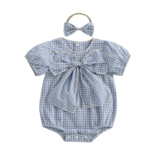 Newborn Baby Girl Summer Outfits Applique Plaid Romper T-shirt Short Sleeve Ruffle Bubble Bodysuit Infant Clothes