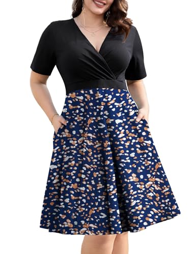 Image of Ahlaray Womens Plus Size Dresses Short Sleeve Faux Wrap Causal Swing Dress with Pockets, L-4XL