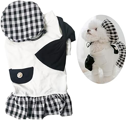 Pet Girls Suit Vintage Pearl Plaid Bow Dog Tutu Dress with Adjustable Hat Doggie Sweatshirt Puppy Girl Funny Costume Spring Dog Cat Outfits Apparel