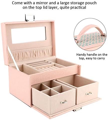 Portable PU Leather Jewelry Storage Box, Lock and Mirror Lockable Travel Jewelry Organizer Gift for Women(Powder + blue) 20 x 13.5 x 12.2cm