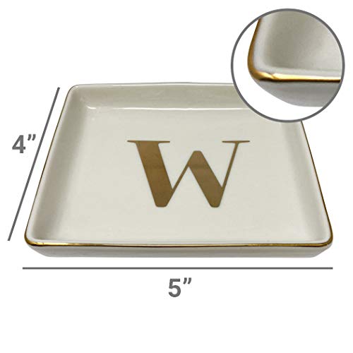 Simple Shine. Jewelry Tray Ring Dish with Initial Gift | Personalized Jewelry Dish and Trinket Dish with Gold Initials Key Bowl Ceramic Holder (Letter W)