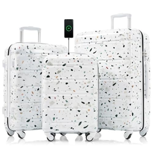 Travel Trolley Suitcase Three Piece Set, 20 Inches with USB Port, Airline Certified Carry-on Luggage, ABS+PC Hard Shell Suitcase with Universal Wheels, Starry White