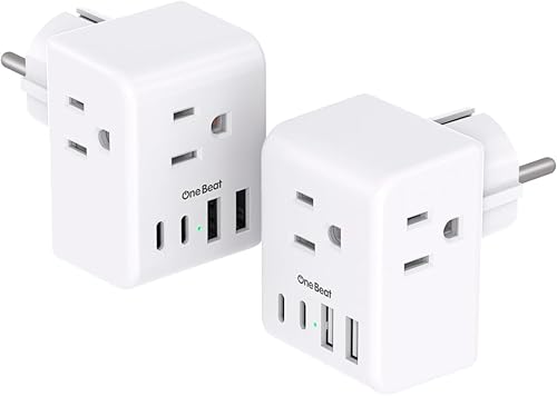 Paquete de 2 adaptadores de enchufe de viaje de Alemania Francia con 3 tomacorrientes, 3 puertos de carga USB (1 USB C), adaptador de corriente