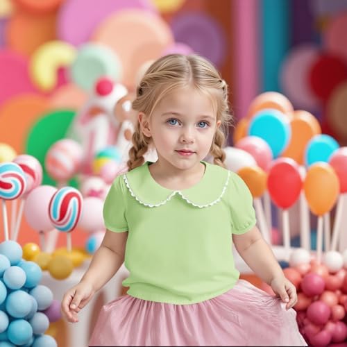 Image of MODNTOGA Kids Baby Girl Long Sleeve Collar Shirt Toddler White Blouse Puff Short Sleeve T-Shirt Solid Color Basic Top Bottom (Green, 2-3 Years(100))