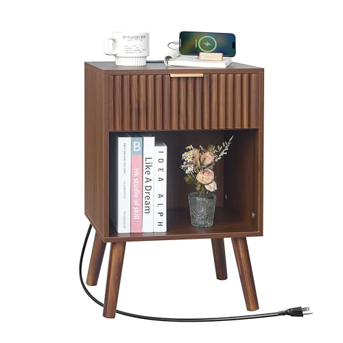 Image of Fultyle Nightstand with Charging Station, Fluted Night Stand with USB and Type C Ports, Mid Century Modern Bedside Table with Drawer and Storage Shelf for Bedroom, Living Room, Office (Walnut Brown)