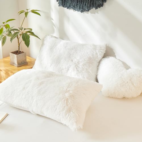 Fluffy Faux Fur White Comforter Cover Queen Set – Plush Fluffy White Bedding 3-Piece Set (1 Duvet Cover + 2 Furry Pillow Shams) Cozy Bed Set