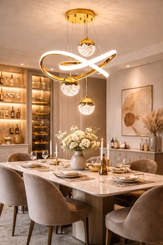 Image of Premium Three Loop Curved LED Stylish Gold Finish with 3 Different Color Mode (Warm White, Cool White, Neutral White) Chandelier with Height Adjustable Hanging for Bedroom, Living, Dining, Etc