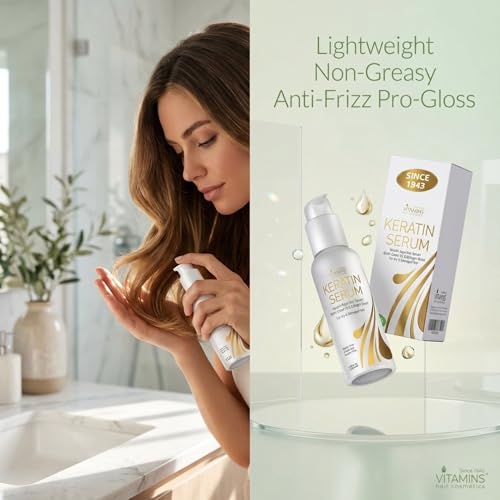 VITAMINS hair cosmetics Keratin Hair Serum Oil for Frizzy, Dry, Damaged Hair - Anti-Frizz Shine Gloss Treatment, Heat Protectant with Biotin, Castor Oil and Collagen - 4.25 fl oz