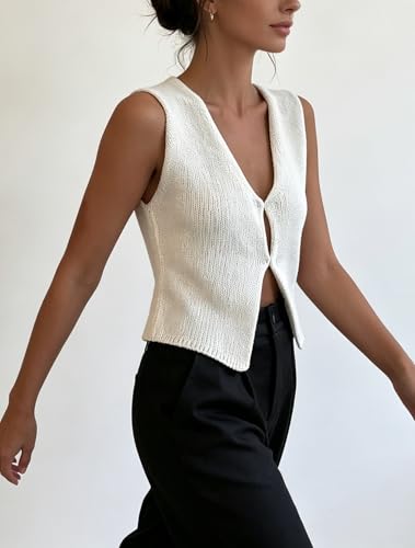 Image of Womens Vintage Knittd Tank Y2k Vest Crop Top Sleeveless V-Neck Open Front Button Crochet Knit Vests Versatile Tops