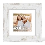 Hongkee 4x4 Picture Frame with Glass, Display Pictures 3x3 with Mat or 4 x 4 without Mat - Wall and Tabletop, 4 by 4 Photo Wooden Frames (Distressed White, 1 Pack)