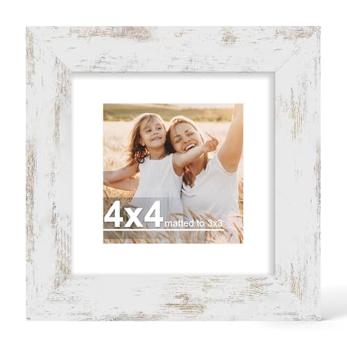 Hongkee 4x4 Picture Frame with Glass Display Pictures 3x3 with Mat or 4 x 4 without Mat - Wall and Tabletop 4 by 4 Photo Wooden Frames (Distressed White 1 Pack)