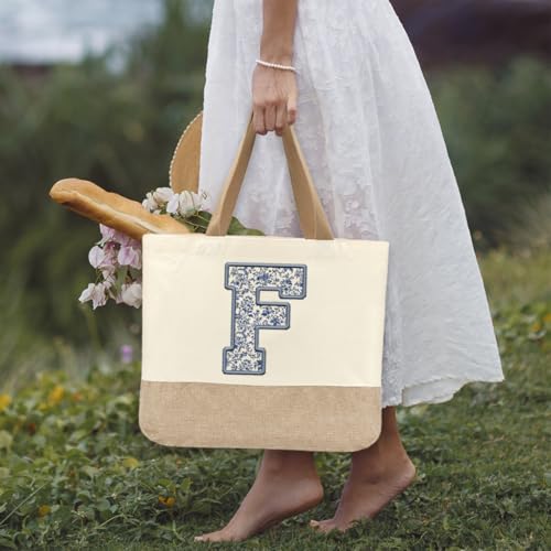 Bolso tote de lona para mujer, personalizable con monograma F, ideal para bodas, compromisos, fiestas, luna de miel, cumpleaños, playa, vacaciones y como regalo para mamá, abuela, maestras, amigas o damas de honor miniatura 3