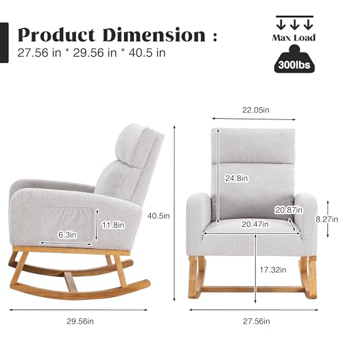 HCHAIRH Rocking Chair Nursery, Glider Rocking Chairs for Nursing, Upholstered Nursery Rocker with Side Pocket and High Back for Living Room Bedroom, Light Gray by HCHAIRH - Image 2