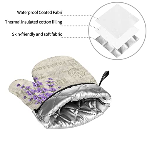 Lavender Flowers Elegant Postcard Vintage Oven Mitts And Pot Holders Sets Of 4 High Heat Resistant Oven Mitts With Oven Gloves And Hot Pads Potholders For Kitchen Cooking Bbq Non-Slip Cooking Mitts #TOP7