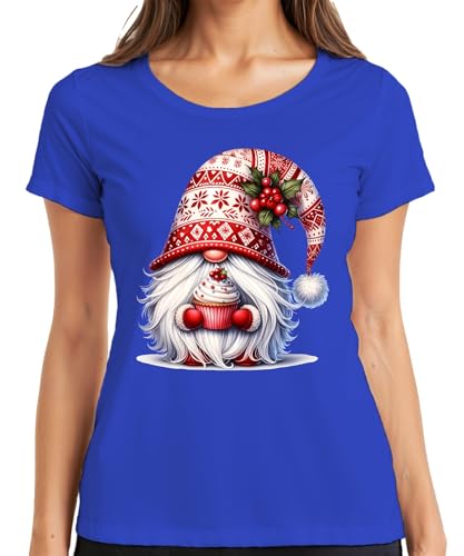 Camiseta de gnomo de Navidad con cupcake con gorro de Papá Noel, enano de Navidad para mujer, azul, L