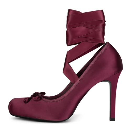 FSJ Women Square Toe Bow Tie Satin Ballet High Heel Sexy Lace-up Stiletto Pumps Elegant Mary Janes Party Shoes Size 4-16 US2