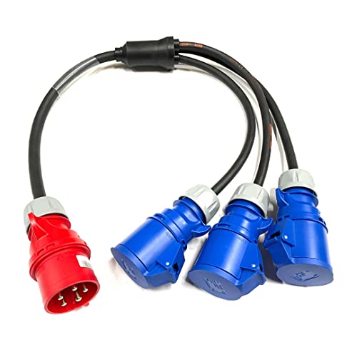 Image of 32 Amp 415V 5 Pin 3 Phase to 32A 240V 3 Pin 1 Phase 3 Way Sockets Soft Y Splitter Adaptor IP44 - PCE Red/Blue Commando Ceeform - H07RN-F Heavy Duty Rubber Cable