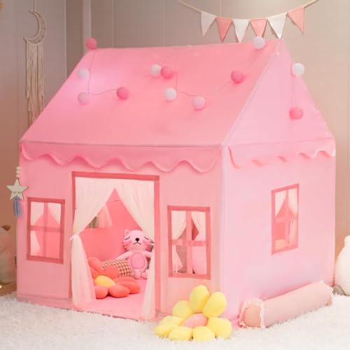 RONGFA Large Kids Tent Playhouse Basic Mat with Star Lights, Flags and Tote Bags, Kids Play Tent Indoor & Outdoor, Washable Teepee Tent for Boys & Girls, Kids Play House for Toddler?Pink?