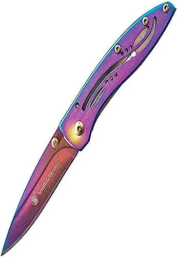 Knives Smith & Wesson CKLPR 5.3in High Carbon S.S. Folding Knife with a 2.3in Drop Point Blade and Rainbow Handle for Outdoor, Tactical, Survival and EDC