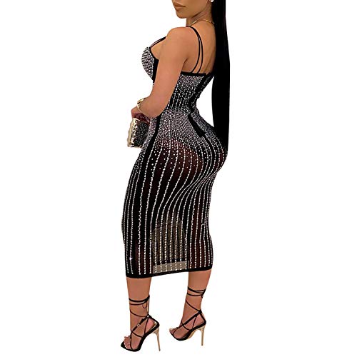 Ranfare Women's Sexy Mesh See Through Rhinestone Bodycon Zipper Midi Dress Clubwear Outfit (Black 10, X_L) #TOP1
