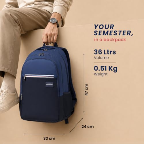 Image of American Tourister Nexa Style 01 | 36L Backpack | Casual Bag | 3 Compartments | School & College Backpack for Men and Women | Navy | 1 Yr Global Warranty