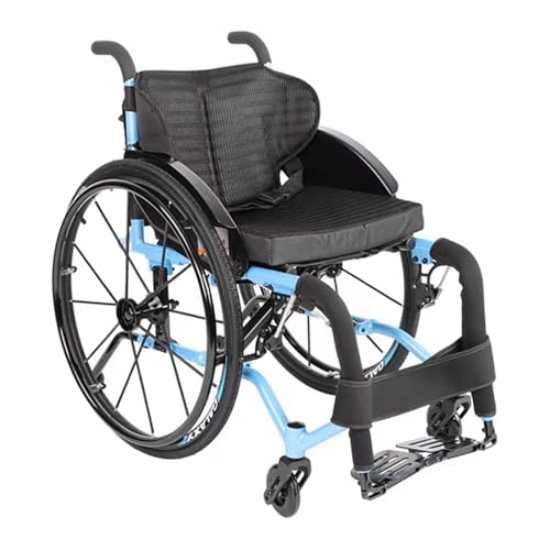 Silla de ruedas deportiva profesional para adultos, autopropulsada, manual, con sistema antivuelco, plegable y ligera, de aleación de aluminio con freno de mano (ancho del asiento: 40 cm, azul)