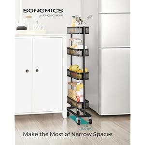 SONGMICS Slim Storage Cart 4 Tier Metal Rolling Cart with Wheels Flexible Baskets Narrow Cart for Kitchen Bathroom Laundry Room Easy Assembly Black UBSC065B01