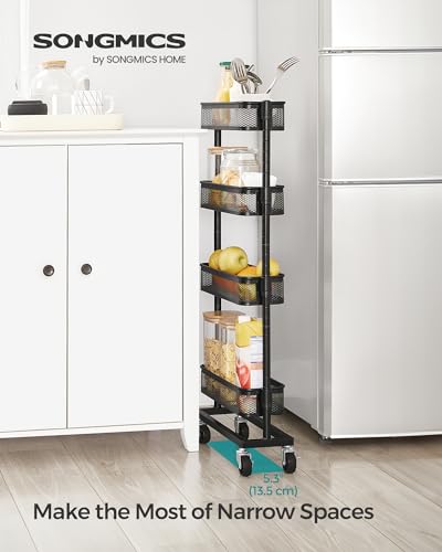 SONGMICS-Slim-Storage-Cart-4-Tier-Metal-Rolling-Cart-with-Wheels-Flexible-Baskets-Narrow-Cart-for-Kitchen-Bathroom-Laundry-Room-Easy-Assembly-Black-UBSC065B01 SONGMICS Slim Storage Cart 4 Tier Metal Rolling Cart with Wheels Flexible Baskets Narrow Cart for Kitchen Bathroom Laundry Room Easy Assembly Black UBSC065B01