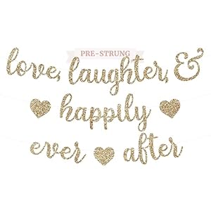 Pre-Strung Love Laughter & Happily Ever After Banner – NO DIY – Gold Glitter Bachelorette Wedding Bridal Party Banner – Pre-Strung Garland on 8 ft Strand – Gold Bachelorette Bridal Engagement Party