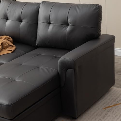 Panana Corner Sofa Bed - Universal Pull Out SofaBed - Left or Right Side Storage Chaise Couch,Sofa Bed Settee Sectional Sofa (FRSS23-Black Leather Like Fabric) - Image 7