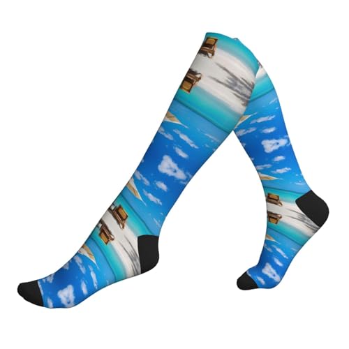 White Beach - Calcetines de compresión con estampado de mar tropical para hombres y mujeres, hasta la rodilla, adecuados para correr, viajar y volar, 1 par, 2 Negro-2, Altoa única