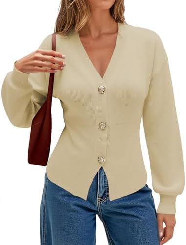 ECOWISH Cardigan Sweaters for Women 2025 Fall Long Sleeve V Neck Button Down Cropped Sweater Winter Ribbed Knit Outwear