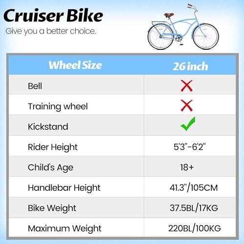Calliever 26-Inch Beach Cruiser Bike Wheels Single-Speed Coaster Brakewith Rear Basket, Recommended Height 5'3 Inch To 6'2", Suitable For Men, Women thumb #5