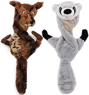 onebarleycorn Squeaky Dog Toys, No Stuffing Dog Toy Indestructible Soft Plush Dog Toys for Small Medium Large Dogs (2 Pack, Wolf Raccoon)
