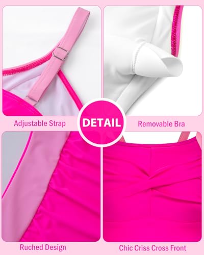 Image of DAXIANG Girls One Piece Swimsuit Modest Ruched Color Block Bathing Suit Tween Adjustable Straps Padded Swimwear Size 7-16