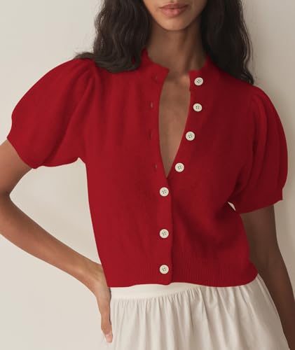 Womens Lightweight Summer Puff Short Sleeve Cardigan Sweaters Button up Y2k Knit Thin Cropped Cardigans2