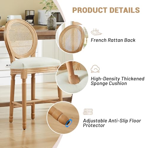 Image of Virabit French Country Bar Stool Set of 2, Rattan Counter Height Chairs with Solid Wood Frame and Upholstered Seating, 26 Inch Bar Stools