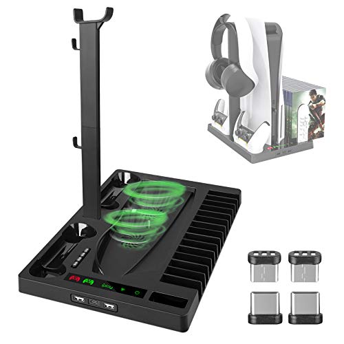Linkstyle PS5 Vertical Stand with Cooling Fan Dual PS5 Controller Charging Station Dock Led Indicator, 15 Game Storage, and Headset Holder for PS5 Console PS5 Digital Edition Console Accessories