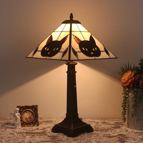 TFNTCYG Tiffany Style Table Lamp Black Cat Stained Glass Lamp 12x12x22 Inche Resin Base Antique Bronze Finish Decorative Desk Night Light for Bedroom Living Room