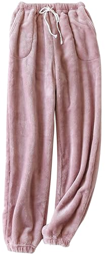 Women's Comfy Warm Pajama Lounge Pants Solid Elastic Waist Drawstring Thick Pants Wide Leg Winter Sleepwear Pants Pink L