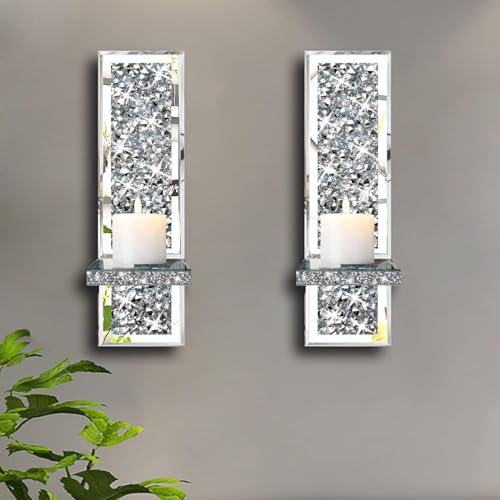Biznest Set of 2 Silver Crystal Wall Sconce Candle Holders Mirrored with Crushed Diamond Design 38x11x10 cm (Rectangle)