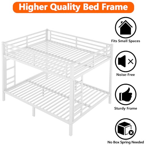 Thctvous Queen Over Queen Bunk Bed,Heavy Duty Metal Bunk Bed Frame for Adults,2 Side Ladder,Guardrail,Space-Saving,Noise Reduced,No Box Spring Needed,Black (White, Queen Over Queen)
