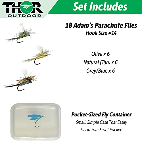 Thor Outdoor Adams Parachute Dry Fly - 18 Pc Set With Case - Olive, Grey, Natural (Tan) - Hook Size #14 - Simple, Effective Fly Fishing Flies For Trout, Bluegill, Freshwater Panfish #TOP2