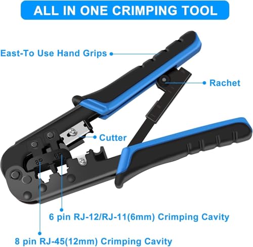 Image of RJ45 Ethernet Cable Crimping Tool Cat5 Cat5e Cat6 for UTP 8P /RJ45 and 6P /RJ12 4P /RJ11 connectors Crimp Cut Strip 568R Dual Modular Network Crimper Cutter Stripper Network Wire Stripper