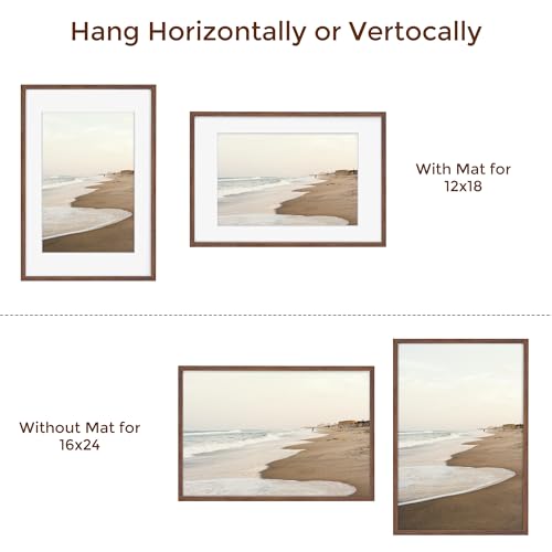 16x24 Picture Frame, 16 x 24 Poster Frames Set of 2, 16x24 Frame Solid Oak Wood & Tempered Glass, 16 x 24 Picture Frame with Mat for 12 x 18, Rustic Wooden 16"x24" Frames, Walnut Color by Fun Memories - Image 6